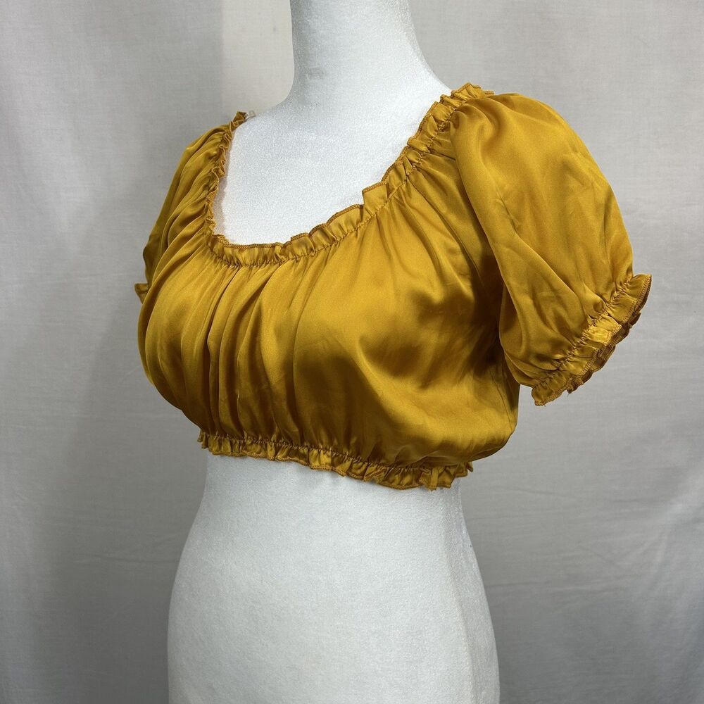 Forever 21 Mustard Yellow Ruched Crop Top Blouse Small Milkmade Satin Coquette S